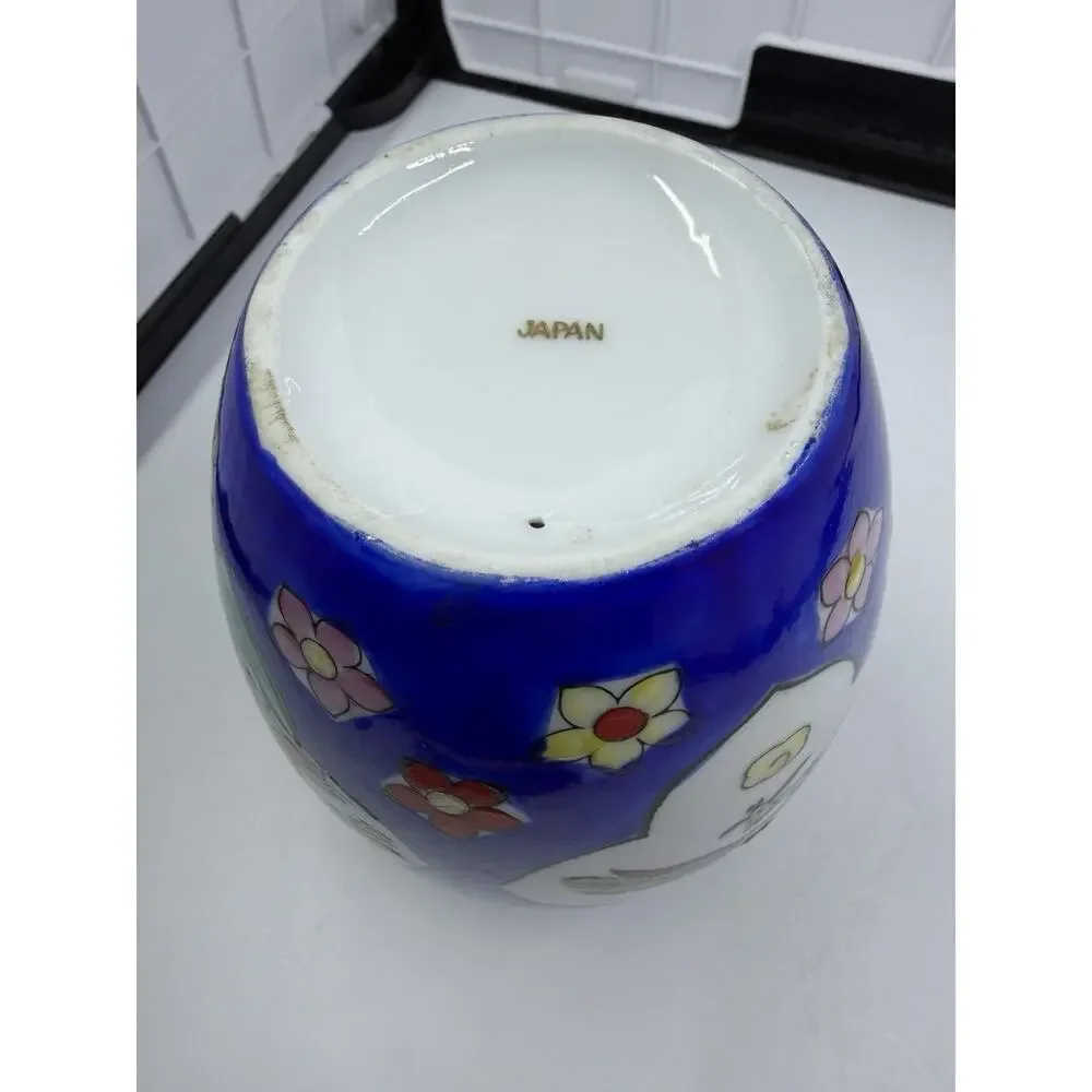 Antique Enameled Japanese Porcelain Vase, Cobalt Blue, Flowers Birds Dragon VTG